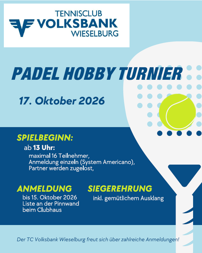 Padel Hobby Turnier am 17.10.2026 ab 13 Uhr